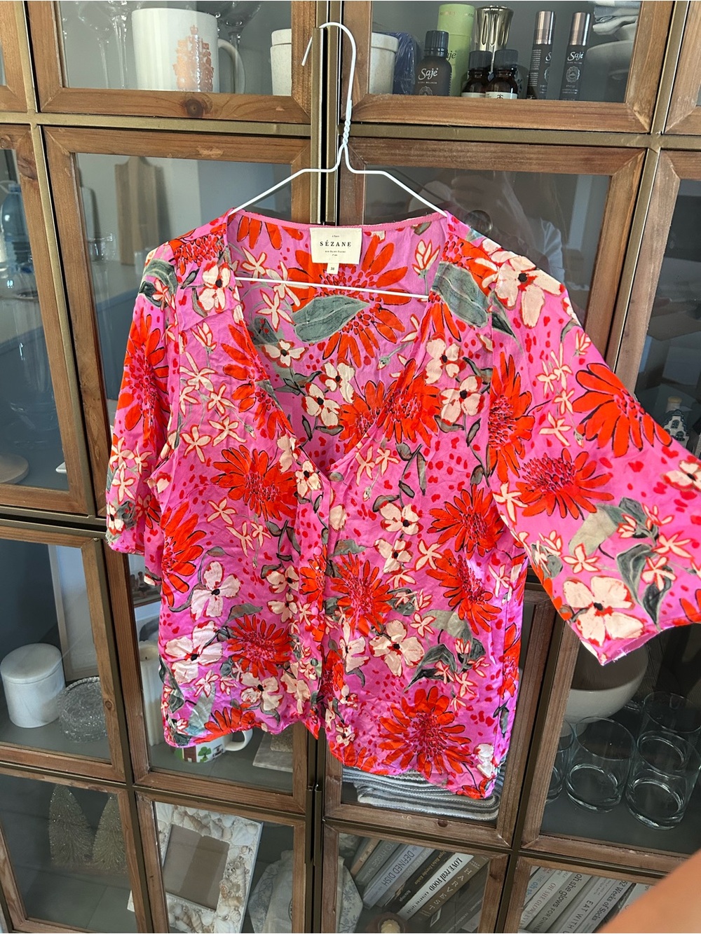 Sézane 100% Silk Pink Floral V-Neck Women's Blouse - Picture 10 of 14